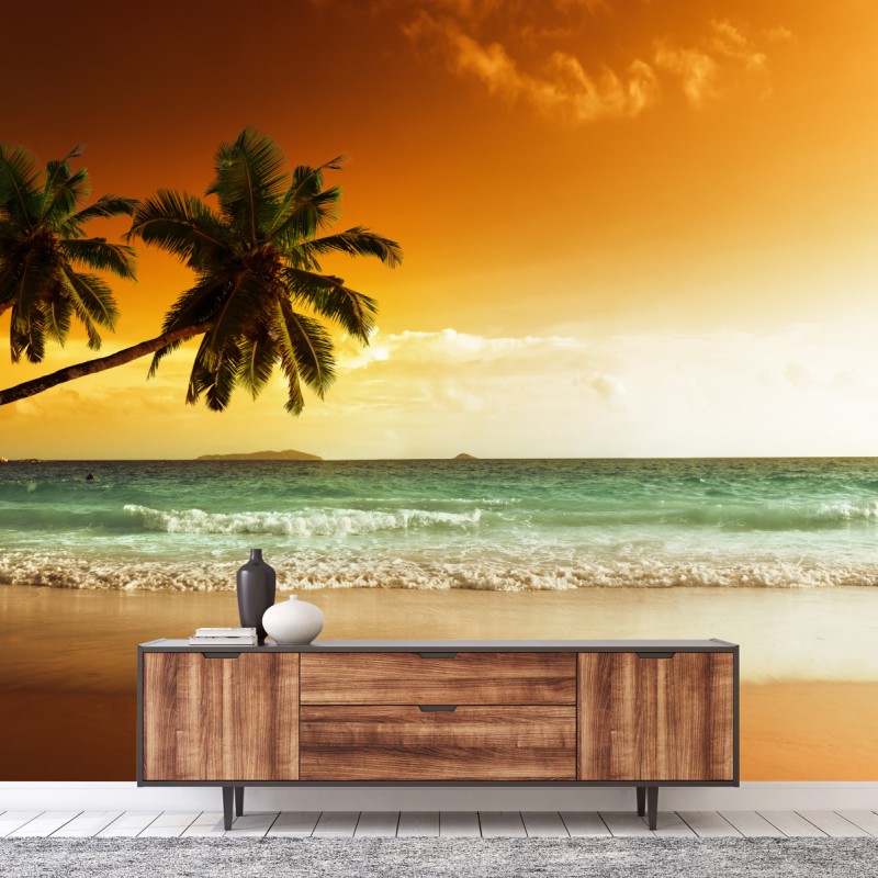 Fototapete karibischer sonnenuntergang am strand mit palmen – Wallnifity®