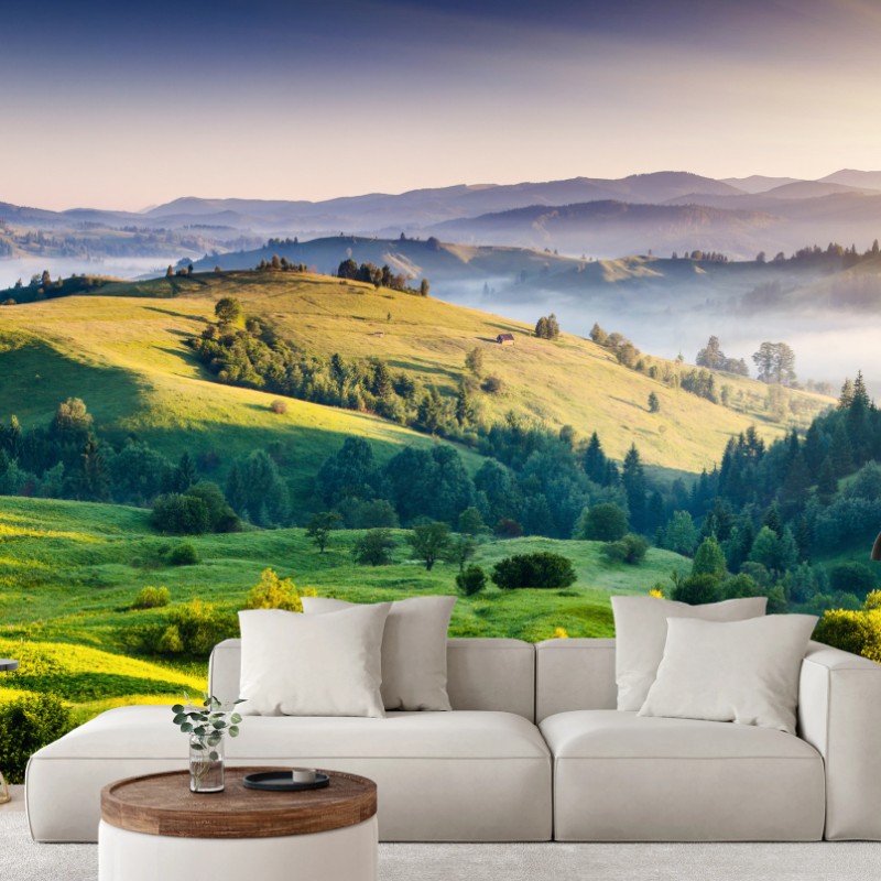 Fototapete Sonnenuntergang in den Karpaten über sanften grünen Hügeln – Wallnifity®