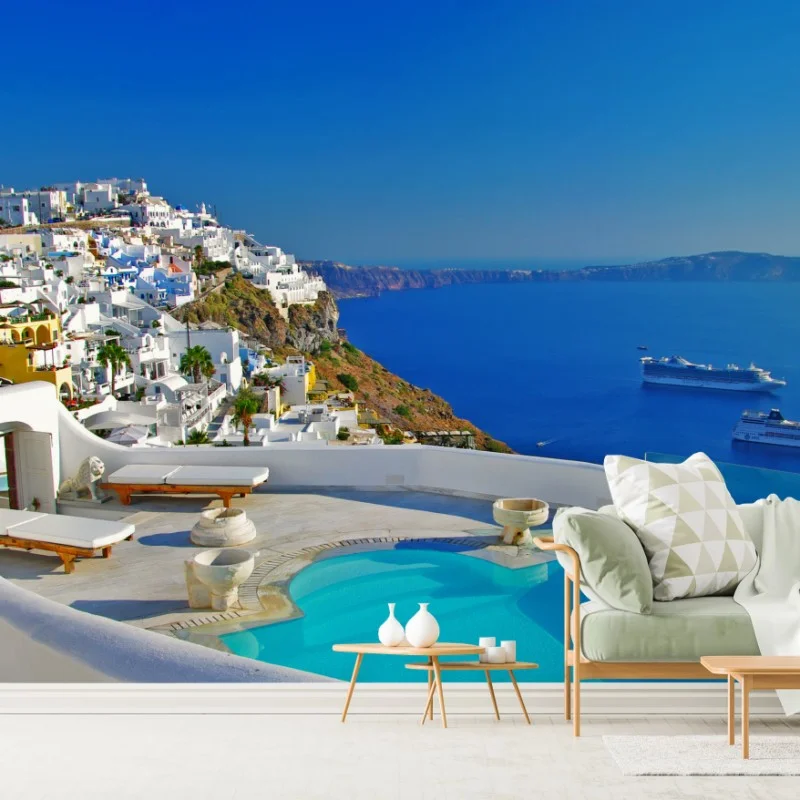 Fototapete Santorini meerblick mit pool – Wallnifity® Fototapete Santorini meerblick mit pool – Wallnifity®
