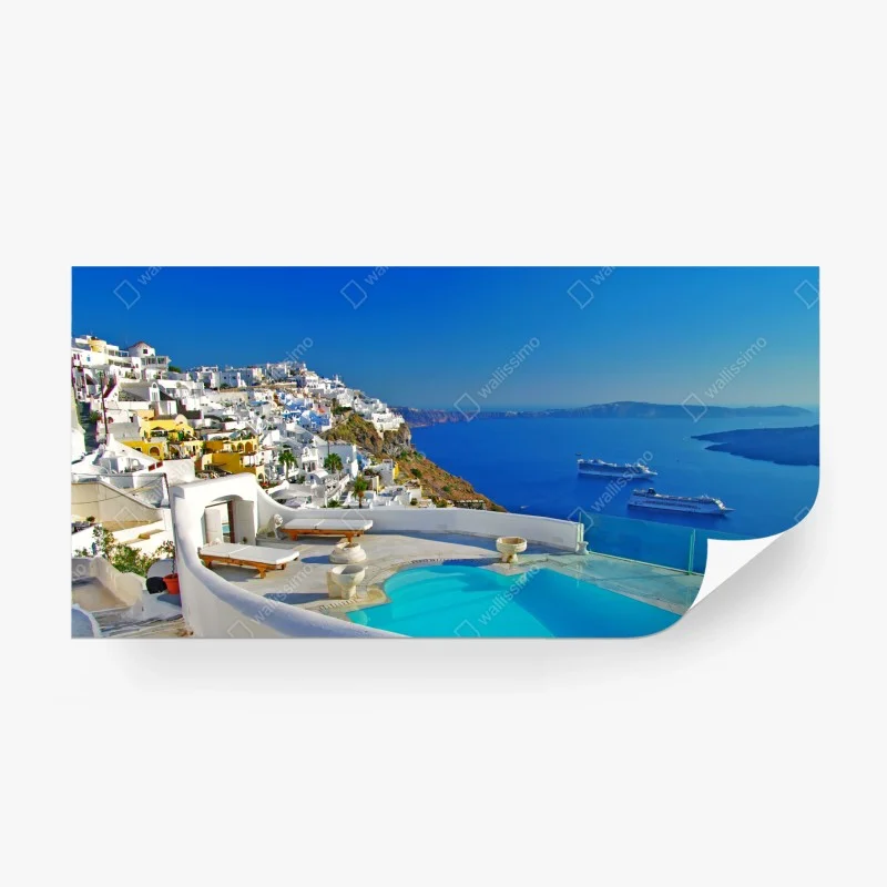 Fototapete Santorini meerblick mit pool – Wallnifity® Fototapete Santorini meerblick mit pool – Wallnifity®