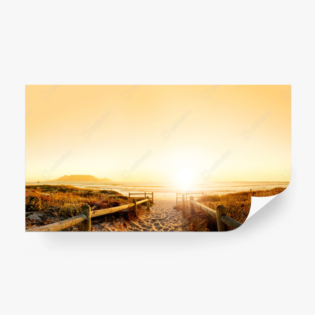 Fototapete goldenes sonnenuntergangspanorama am strand mit Tafelberg – Wallnifity®