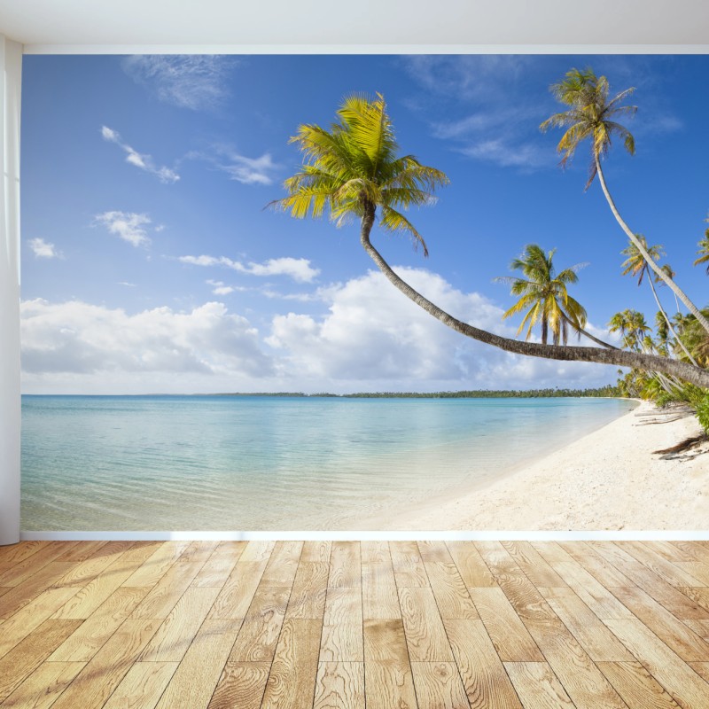 Fototapete tropischer türkisblauer strand mit geneigter palme – Wallnifity®