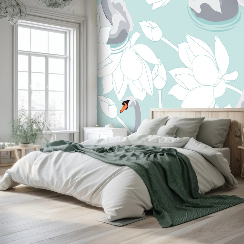 Fototapete sanfte schwäne und lotusblumen – Wallnifity®