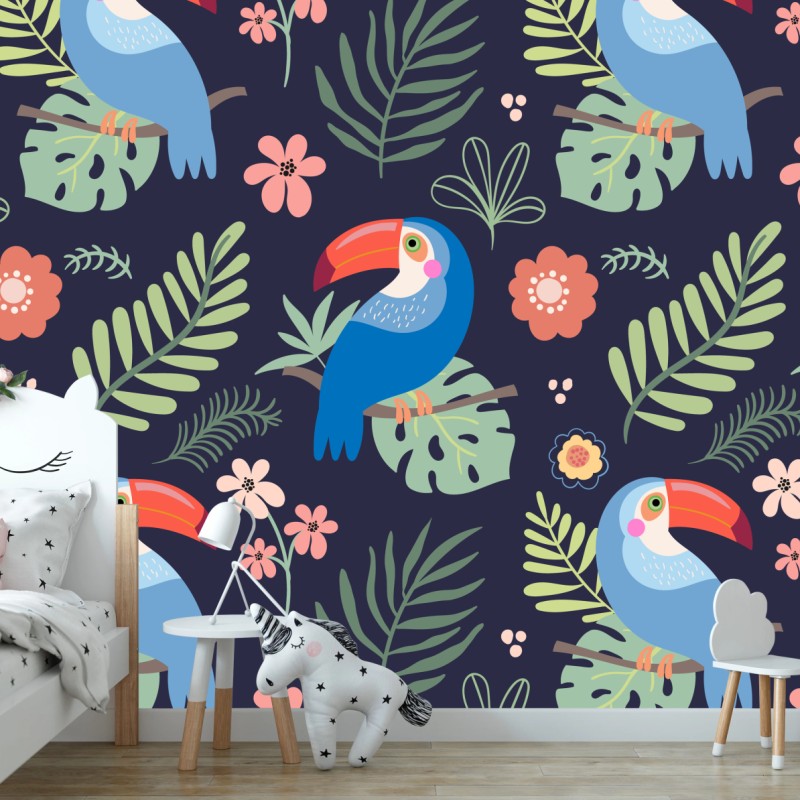Fototapete tropisches tukanmuster auf dunkelblauem hintergrund – Wallnifity®