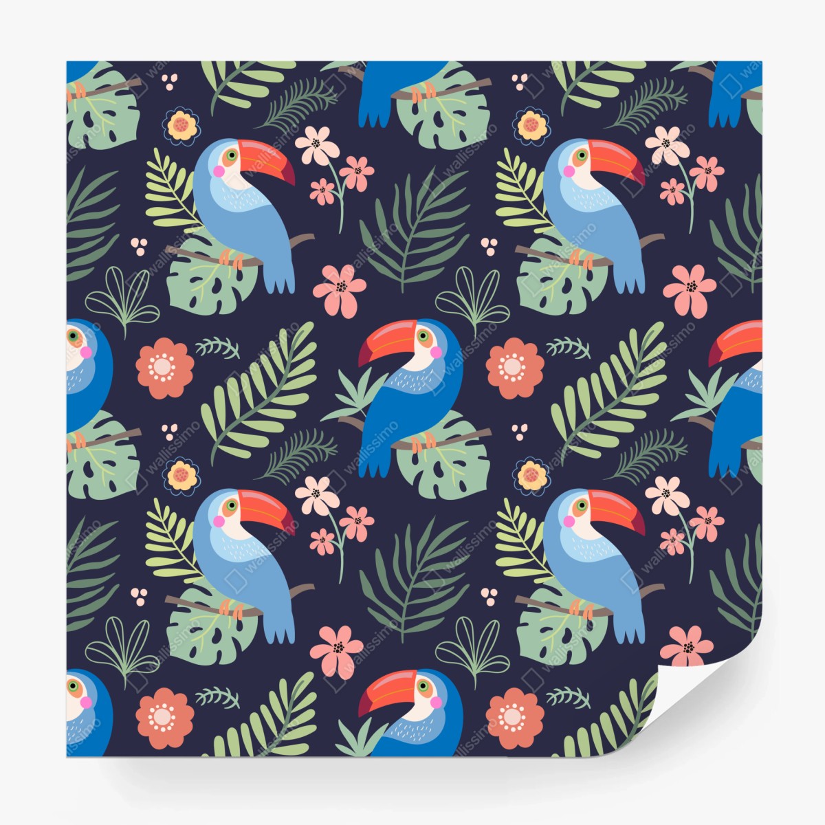 Fototapete tropisches tukanmuster auf dunkelblauem hintergrund – Wallnifity®