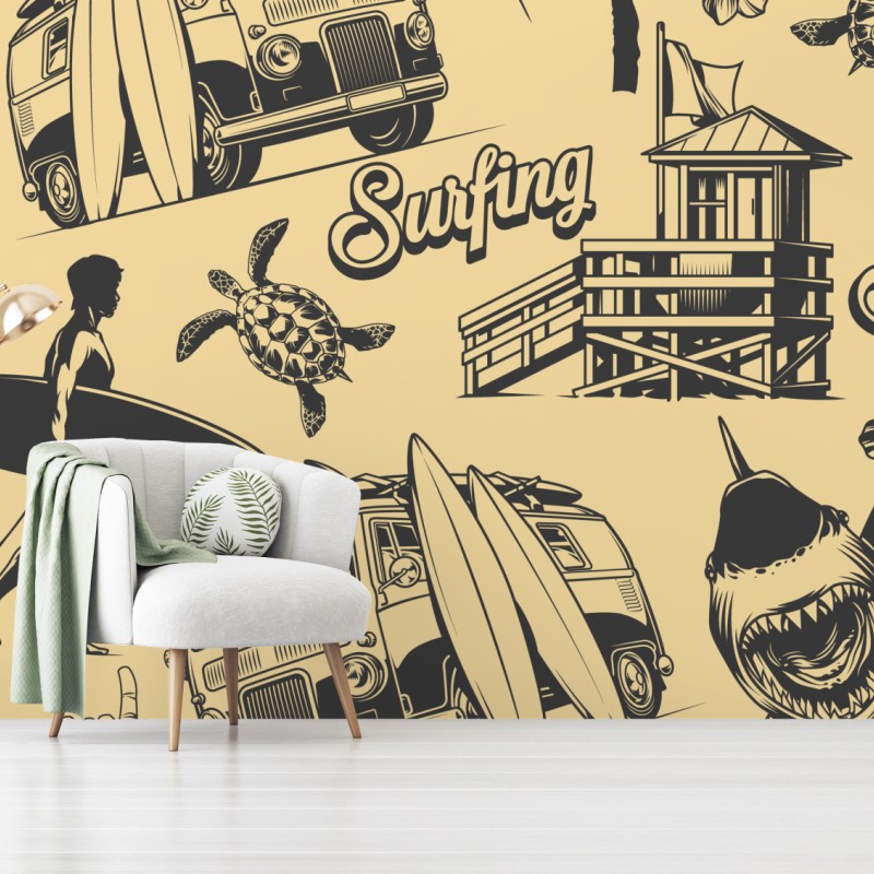 Fototapete retro surfing muster mit campingbus und wellen – Wallnifity®