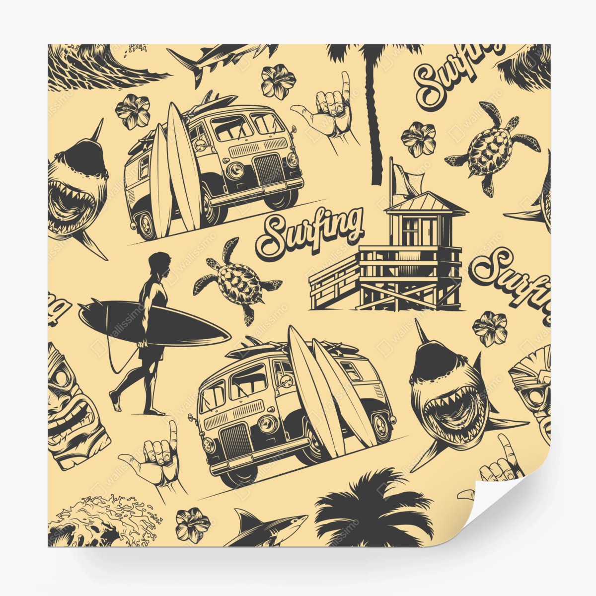 Fototapete retro surfing muster mit campingbus und wellen – Wallnifity®