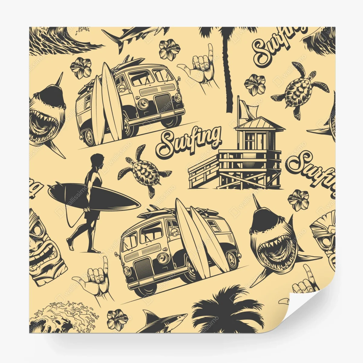 Fototapete retro surfing muster mit campingbus und wellen – Wallnifity®