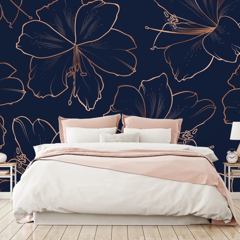 Fototapete dunkelblaues muster mit goldenen blumenkonturen – Wallnifity®