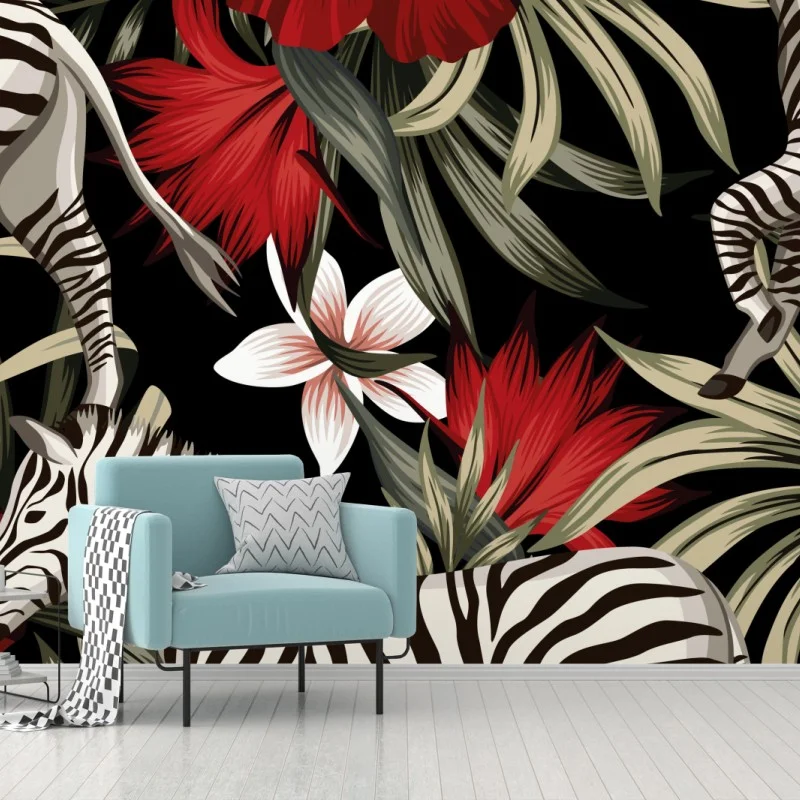 Fototapete tropisches zebra-blumenmuster