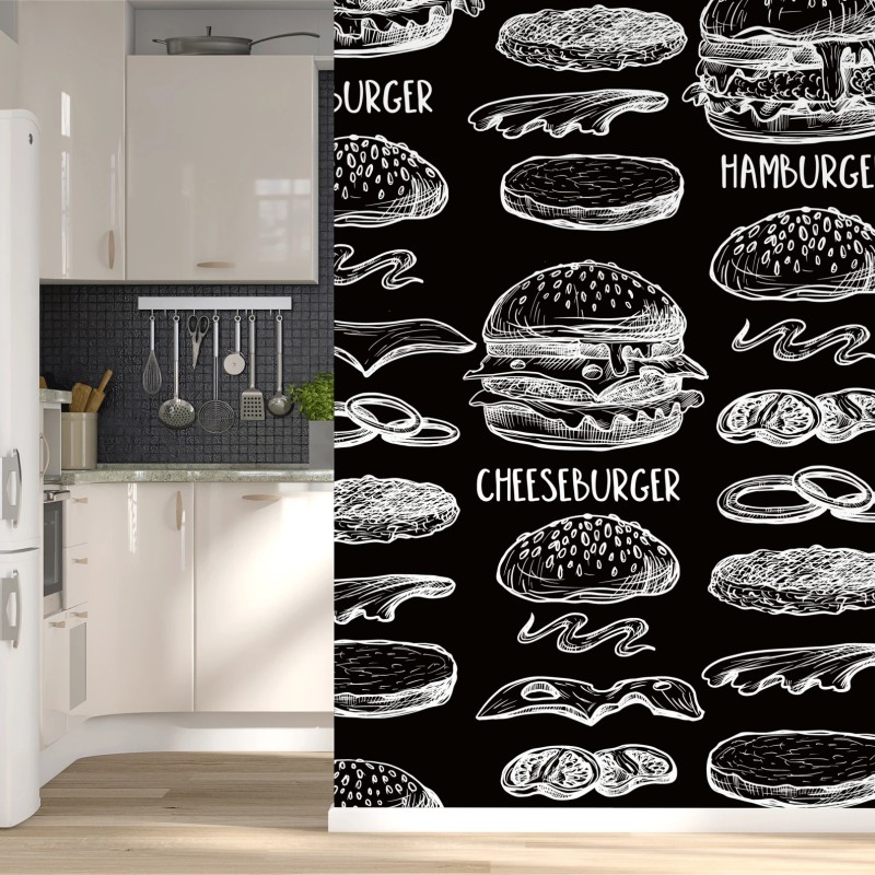 Fototapete handgezeichnetes burger-muster auf schwarzem hintergrund – Wallnifity®