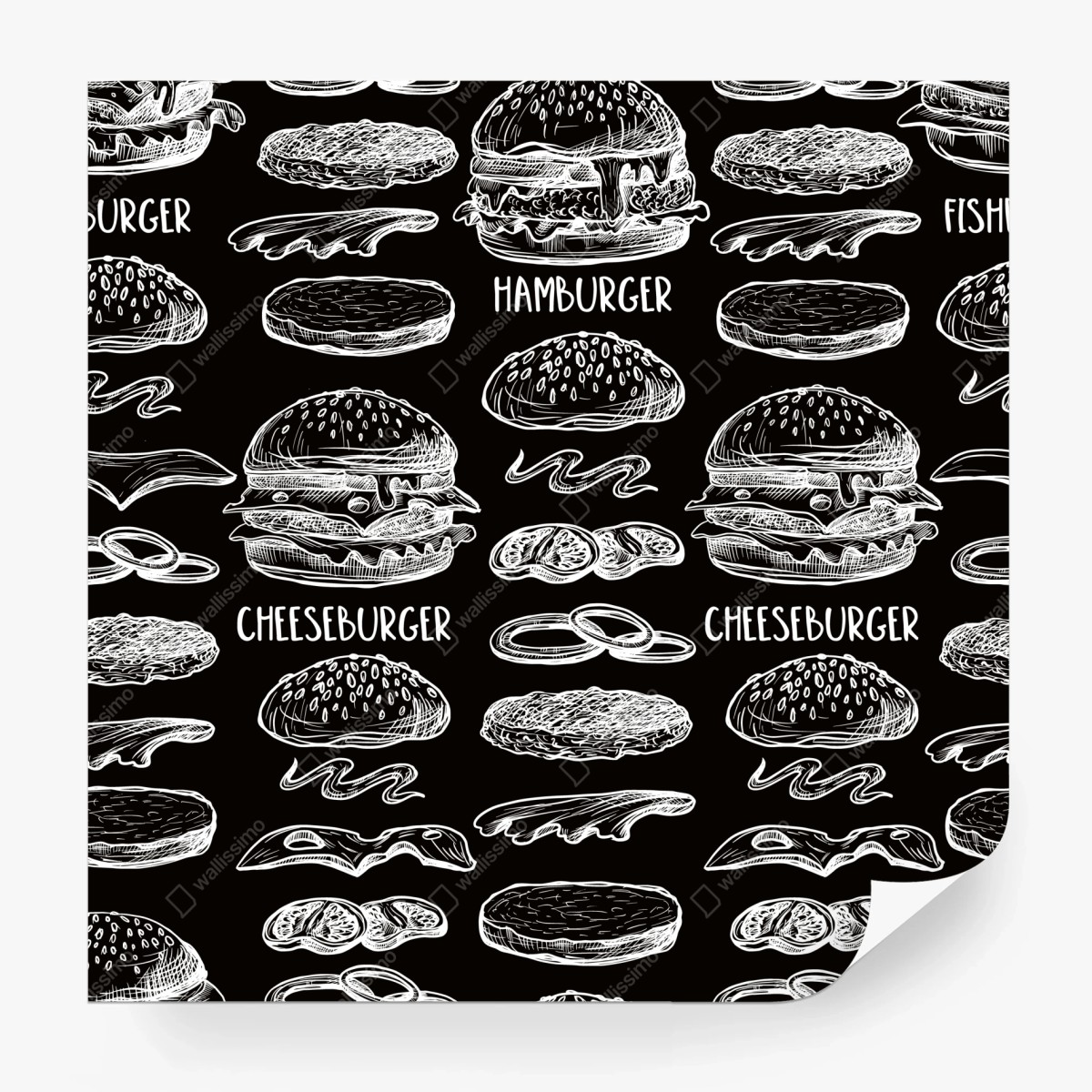 Fototapete handgezeichnetes burger-muster auf schwarzem hintergrund – Wallnifity®
