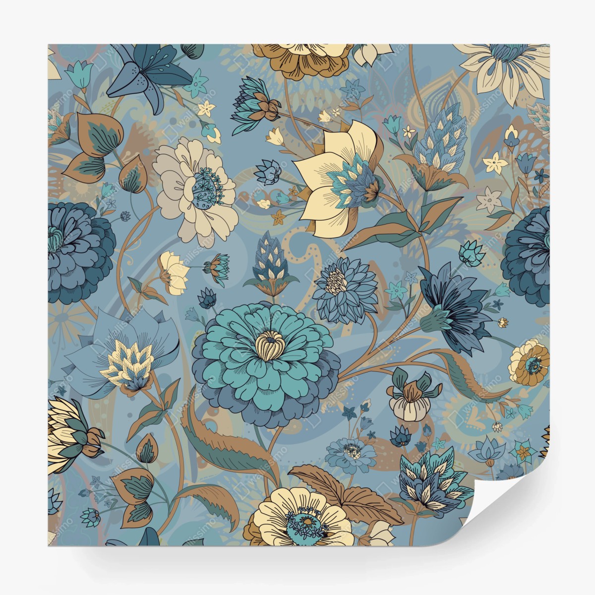 Fototapete vintage-blumenmuster in gedämpften blau- und beigetönen – Wallnifity®