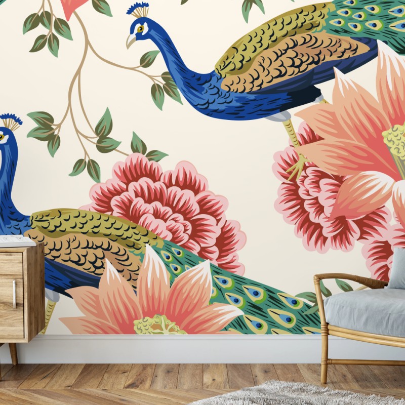 Fototapete elegantes pfauen- und blumenmuster – Wallnifity®