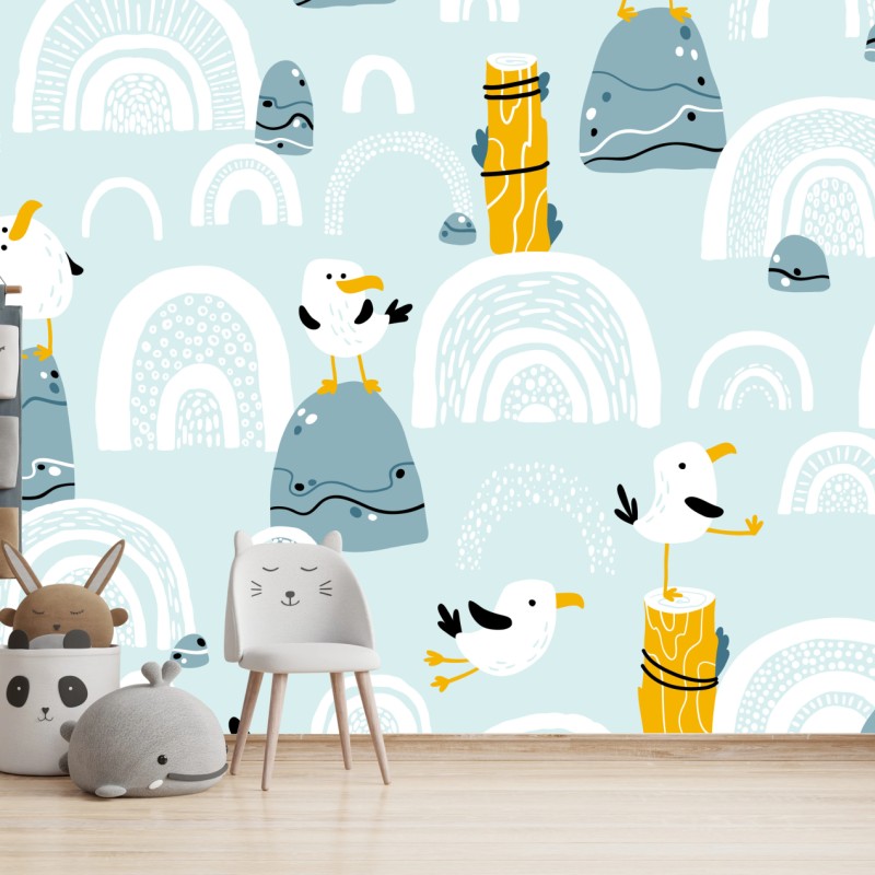 Fototapete verspielte möwen auf pastellfarbenen bögen – Wallnifity®