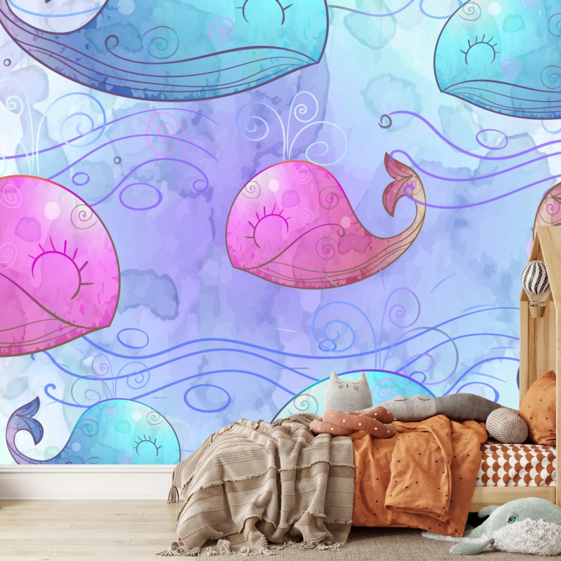Fototapete aquarellwale im pastellmuster fürs kinderzimmer – Wallnifity®