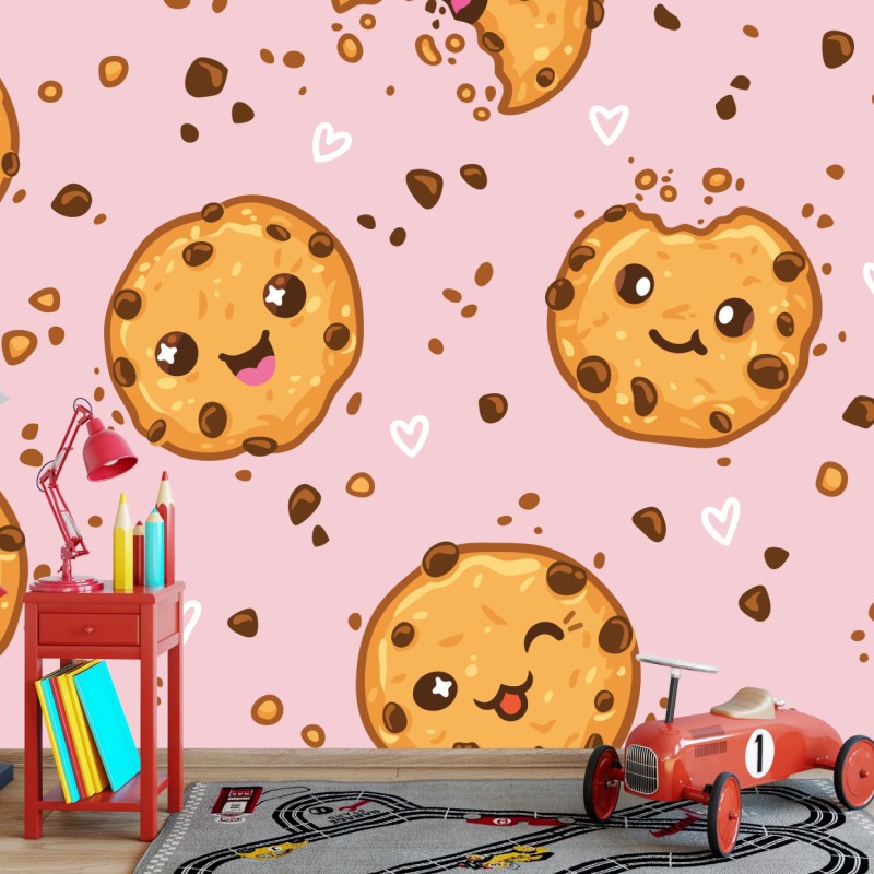 Fototapete niedliches kawaii-keksmuster auf rosa hintergrund – Wallnifity®