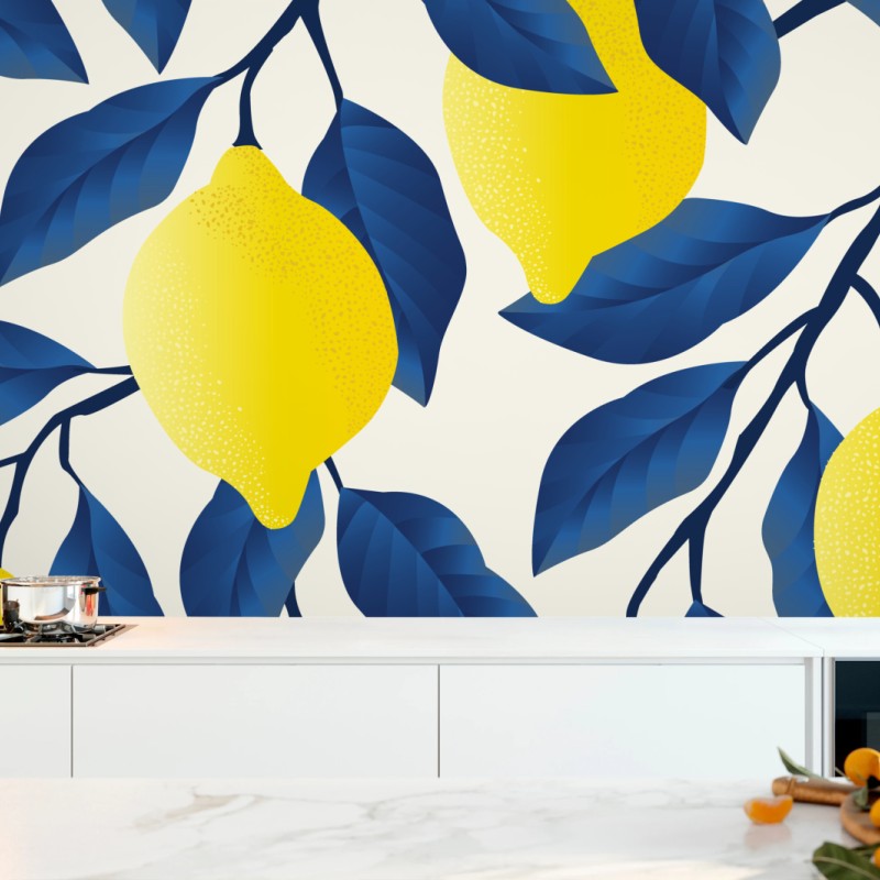 Fototapete lebhaftes zitronenmuster mit blauen blättern – Wallnifity®