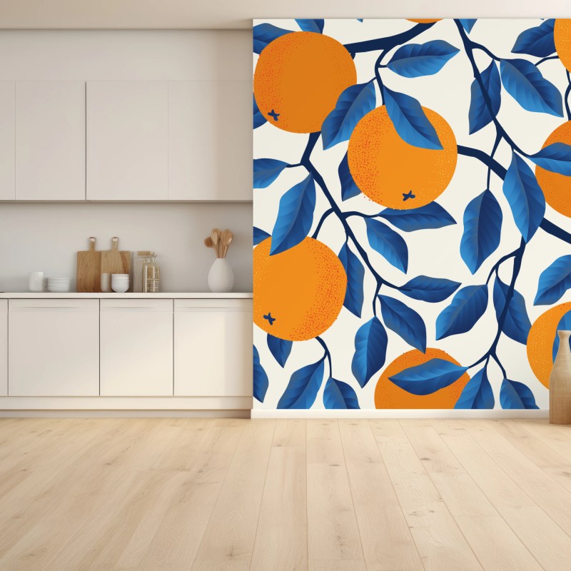 Fototapete kräftiges zitrusmuster in orange und blau – Wallnifity®