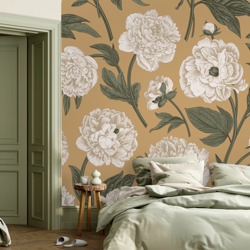 Fototapete vintage botanisches muster mit pfingstrosen – Wallnifity®