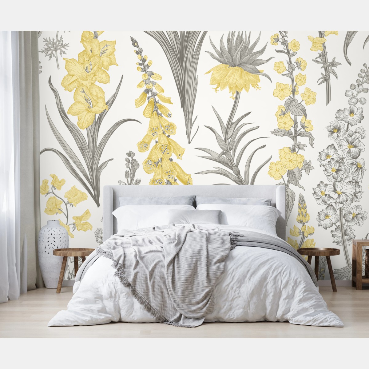 Fototapete vintage botanisches blumenmuster in gelb und grau – Wallnifity®