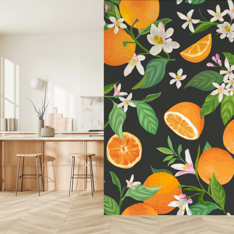 Fototapete orangeblüten- und zitrusmuster auf dunklem hintergrund – Wallnifity®