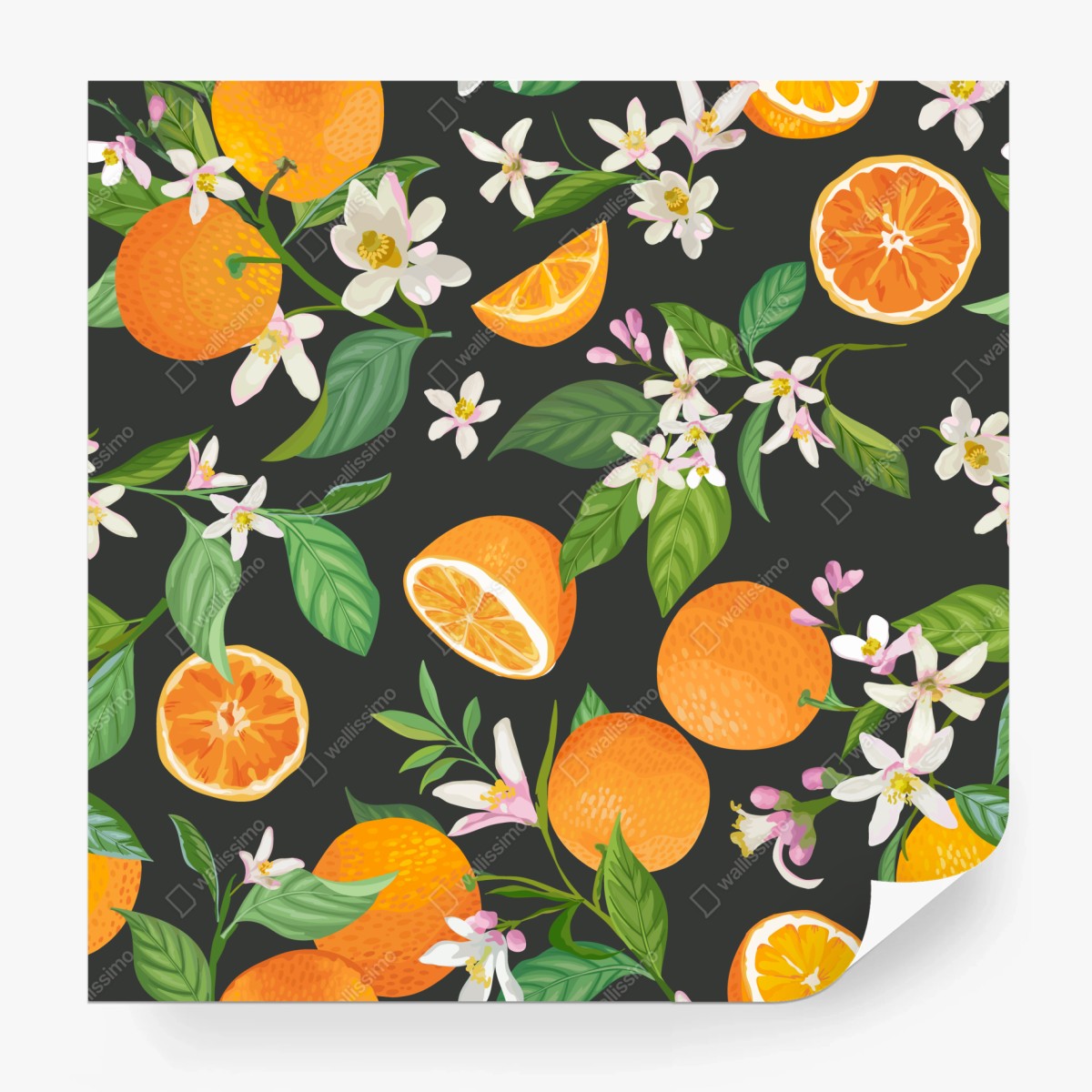 Fototapete orangeblüten- und zitrusmuster auf dunklem hintergrund – Wallnifity®
