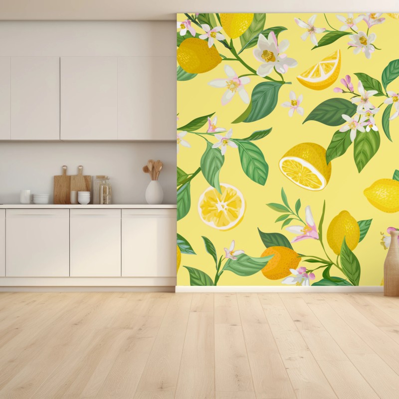 Fototapete zitronenblüten botanisches muster – Wallnifity®