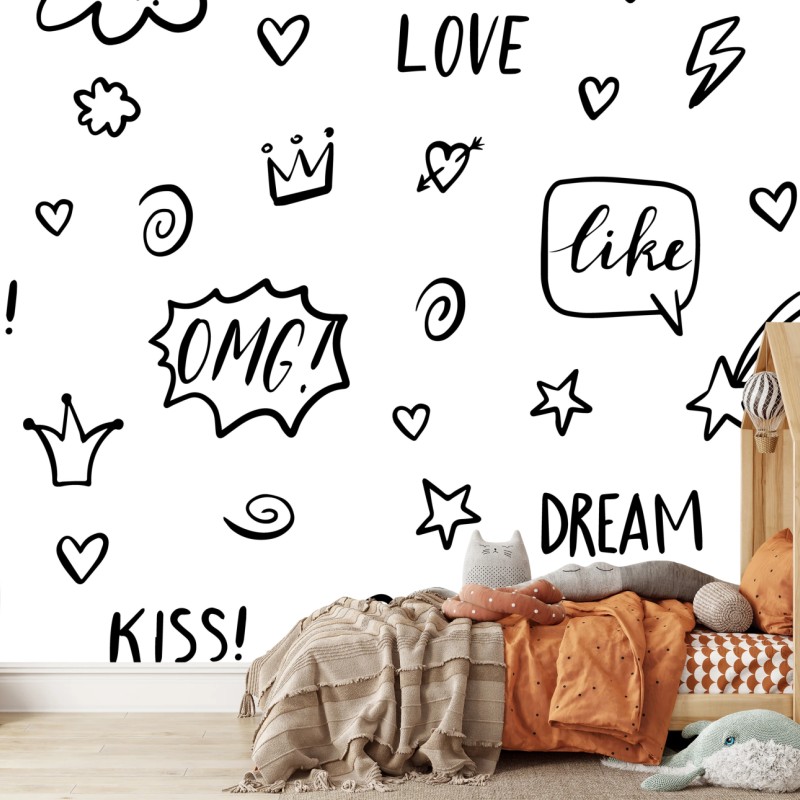 Fototapete verspieltes doodle-muster mit herzen und sternen – Wallnifity®