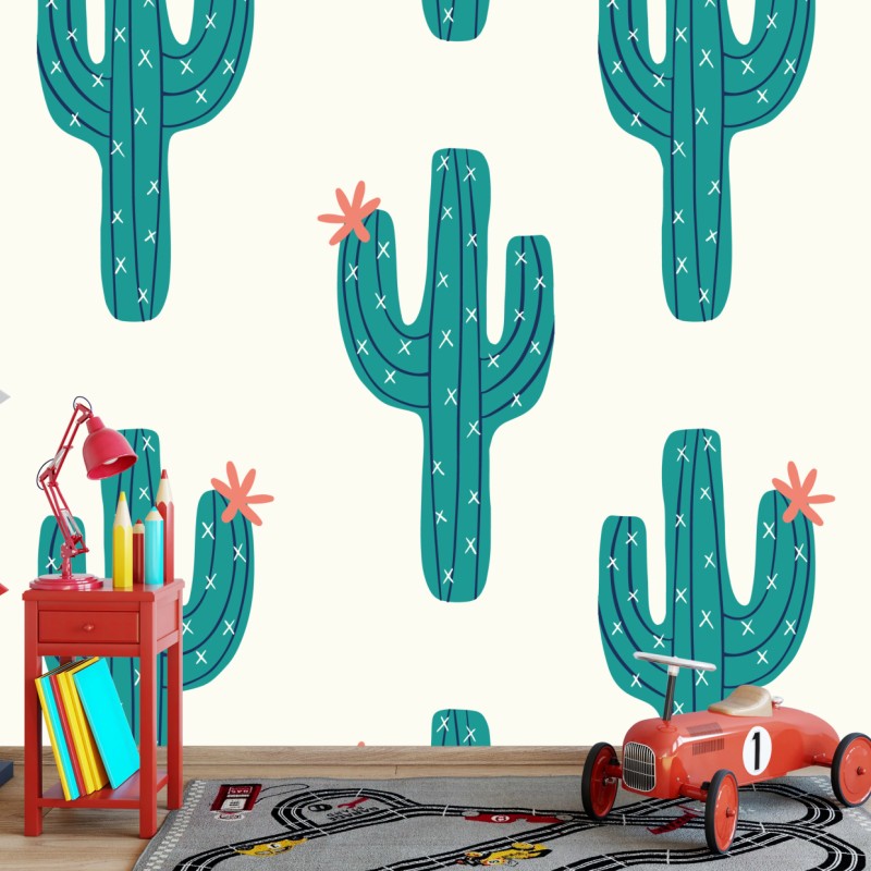 Fototapete verspieltes türkis kaktusmuster – Wallnifity®