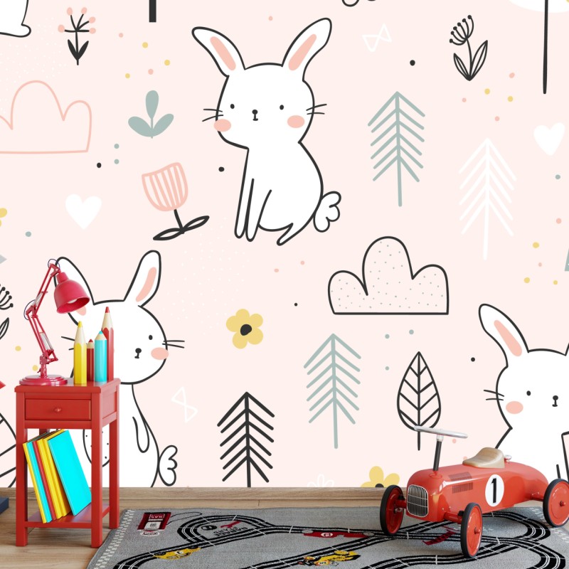 Fototapete verspieltes hasenmuster für kinderzimmer – Wallnifity®