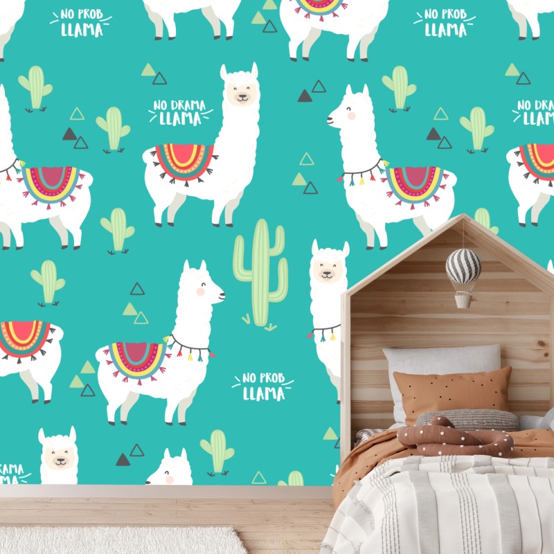 Fototapete fröhliches lama-muster auf türkisfarbenem hintergrund – Wallnifity®