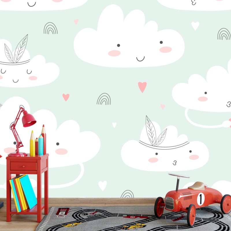 Fototapete lächelnde wolken pastellmuster fürs kinderzimmer – Wallnifity®