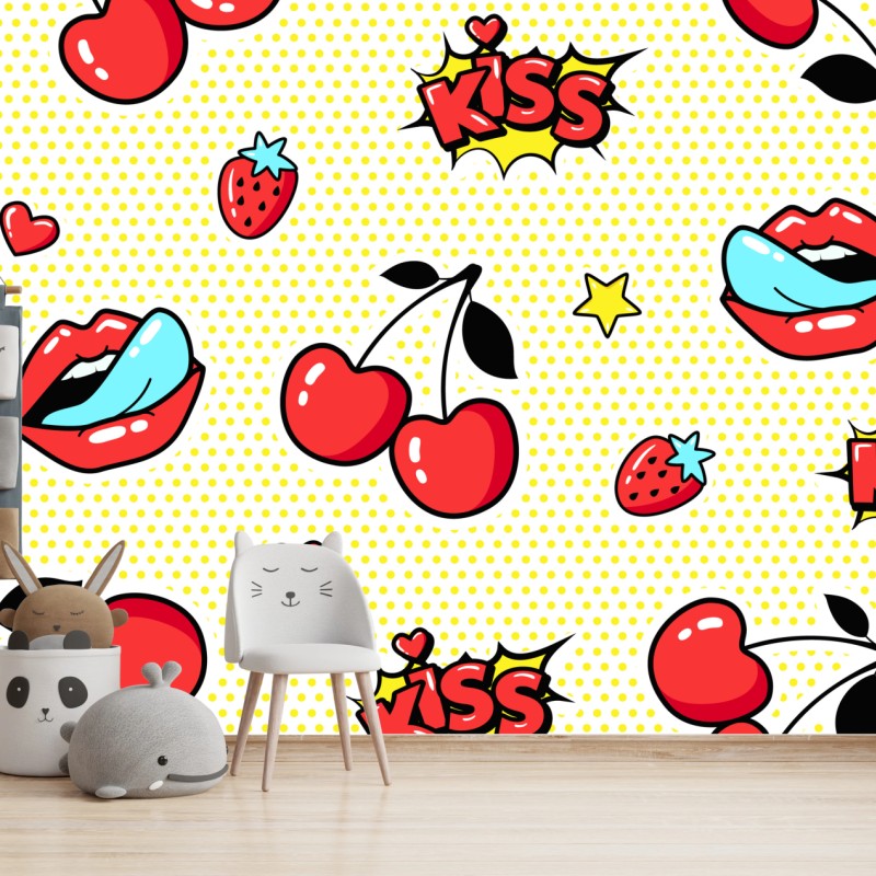 Fototapete verspieltes pop-art kirschen-kuss muster – Wallnifity®