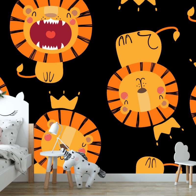 Fototapete verspieltes löwenmuster auf schwarzem hintergrund – Wallnifity®