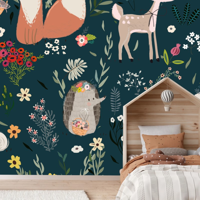 Fototapete waldfreunde blumenmuster fürs kinderzimmer – Wallnifity®