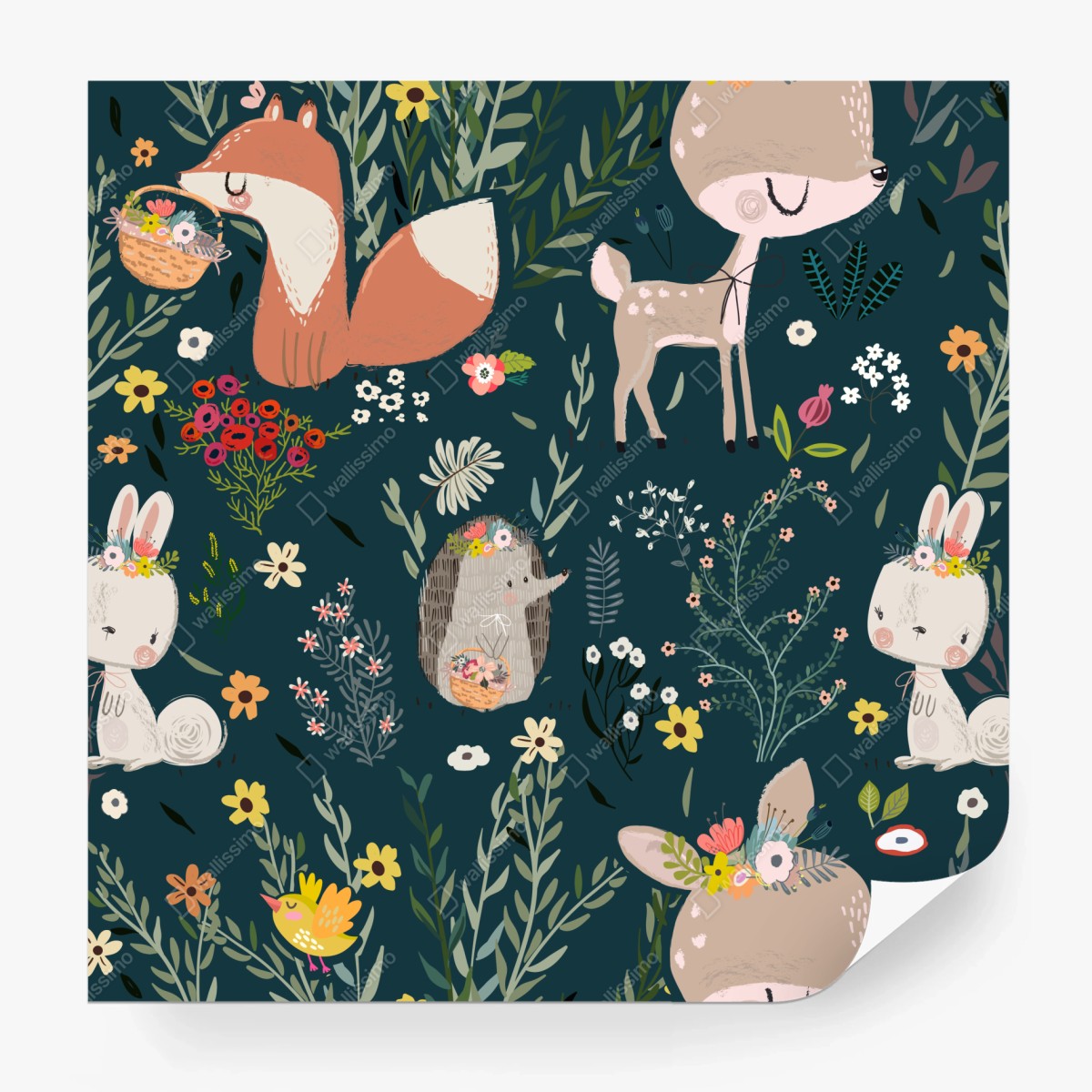 Fototapete waldfreunde blumenmuster fürs kinderzimmer – Wallnifity®