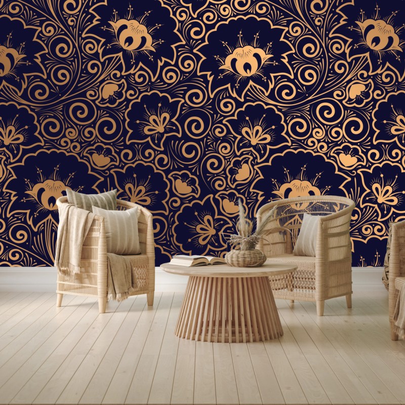 Fototapete luxuriöses goldenes blumenmuster auf dunklem hintergrund – Wallnifity®