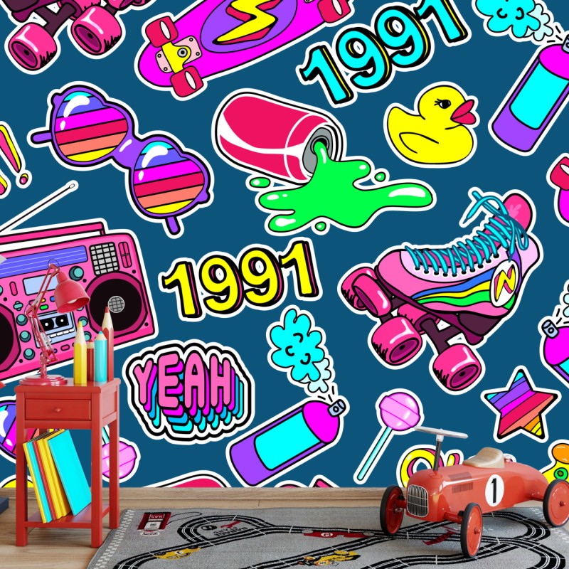 Fototapete lebendige 90er aufkleber-collage – Wallnifity®