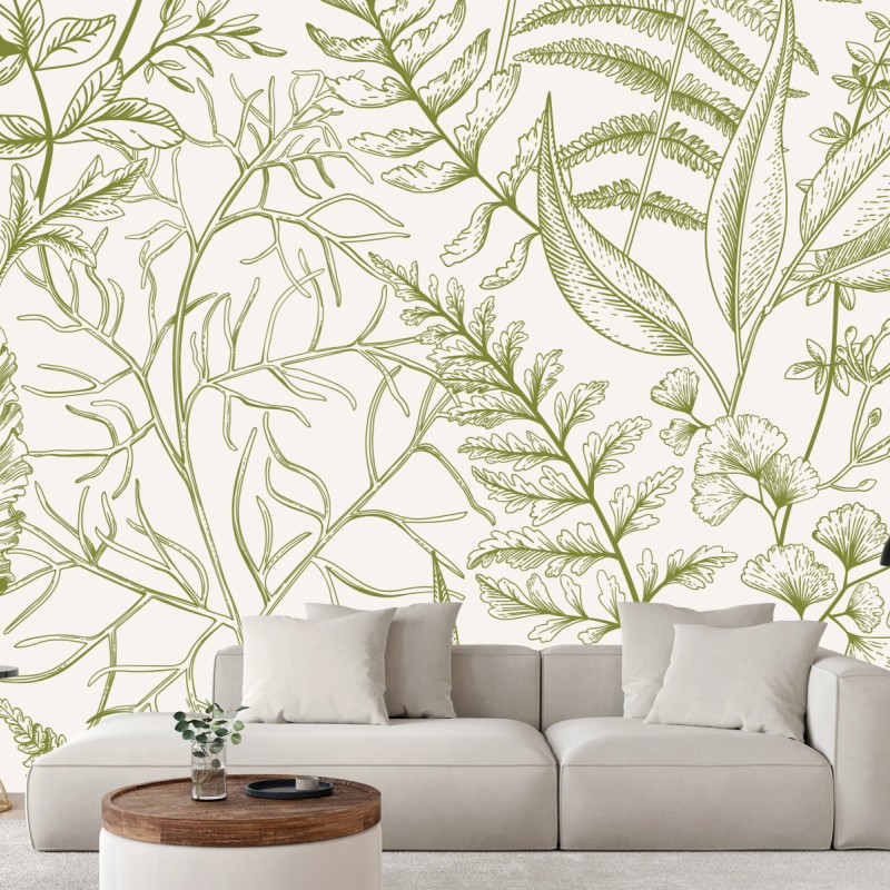 Fototapete handgezeichnetes grünes blättermotiv – Wallnifity®