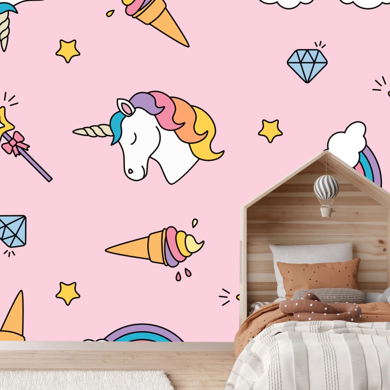 Fototapete pastell einhörner und regenbogen muster – Wallnifity®