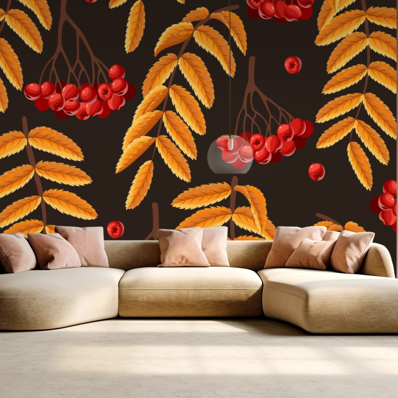 Fototapete herbstliches muster mit vogelbeeren und blättern – Wallnifity®