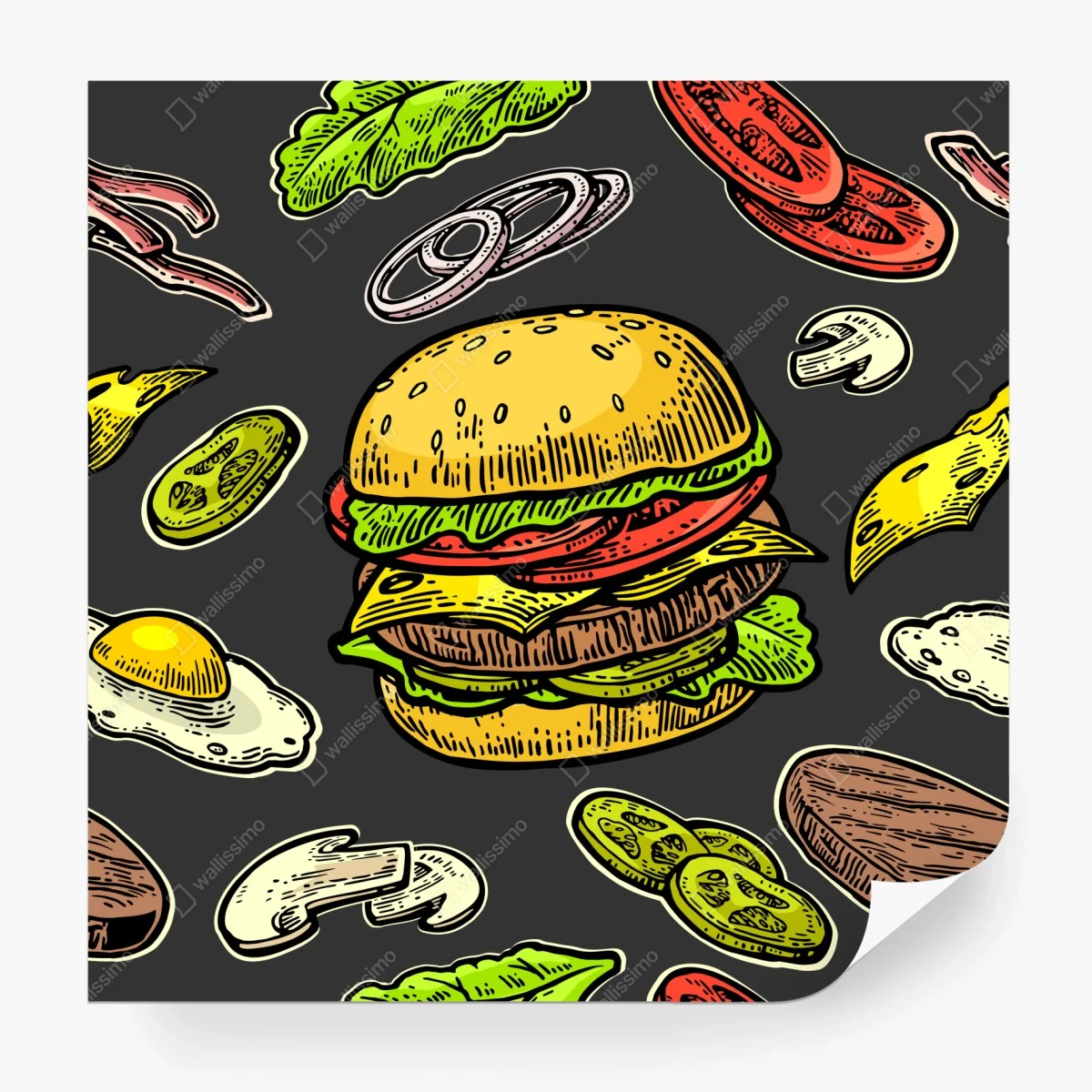 Fototapete buntes burger-muster mit zutaten – Wallnifity®