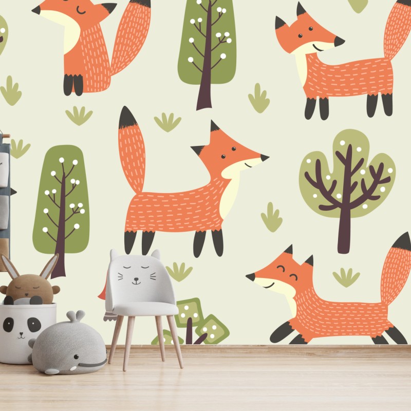 Fototapete verspieltes waldmuster mit füchsen – Wallnifity®