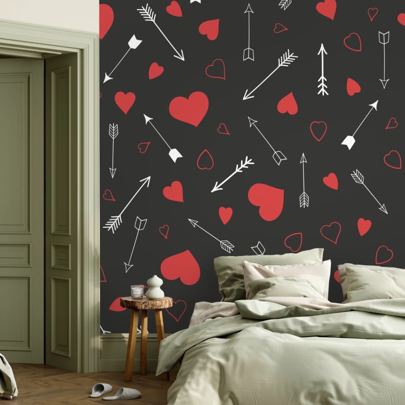 Fototapete muster aus roten herzen und pfeilen – Wallnifity®