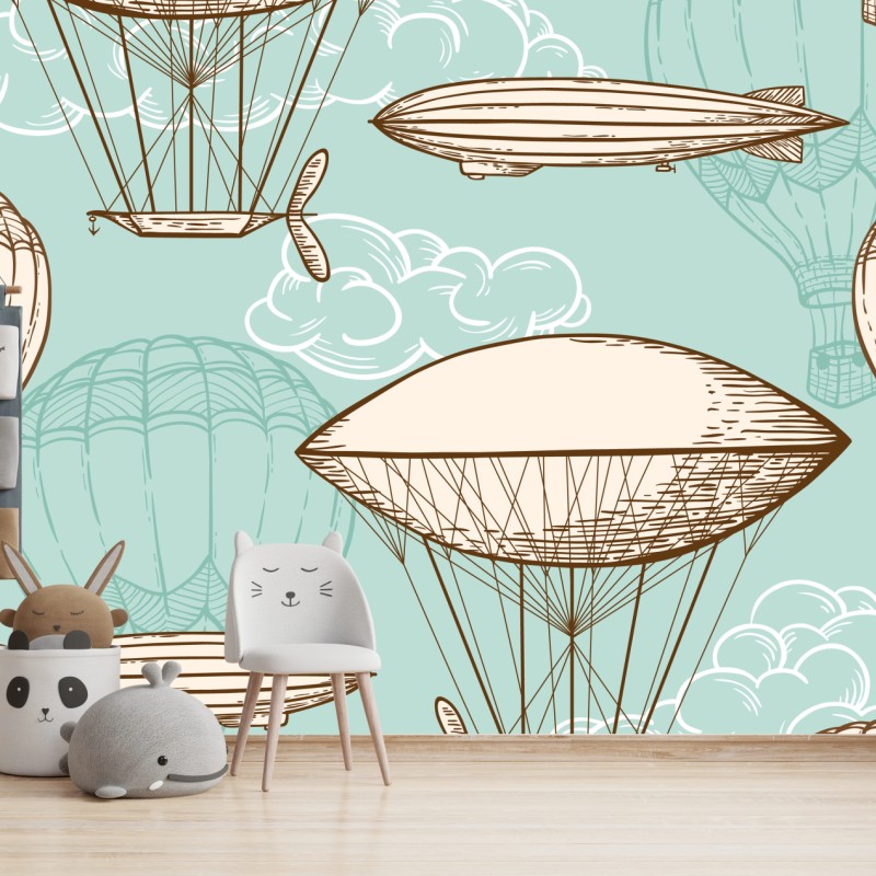 Fototapete vintage-motiv mit luftschiffen und ballons – Wallnifity®