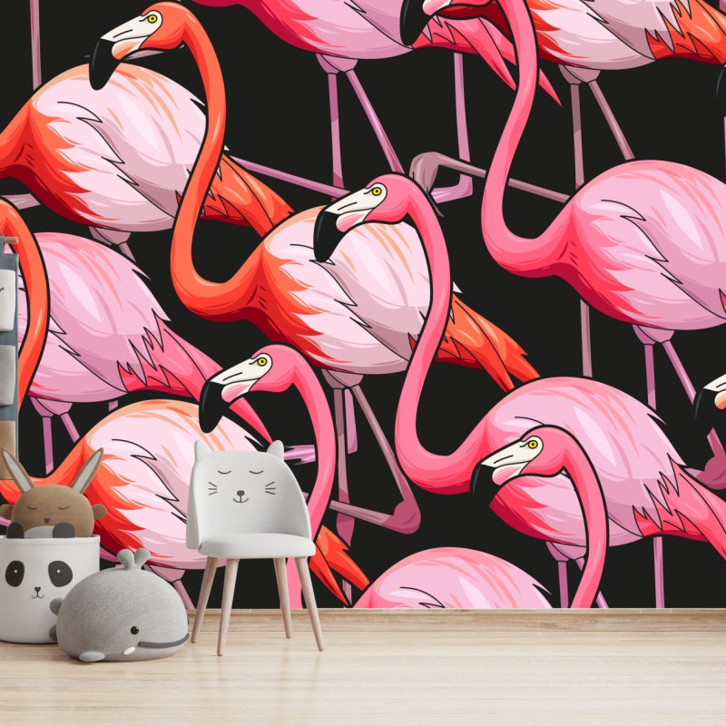 Fototapete rosa flamingo-muster auf schwarzem hintergrund – Wallnifity®