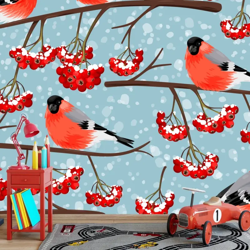 Fototapete winterliche gimpel und vogelbeeren - muster – Wallnifity®