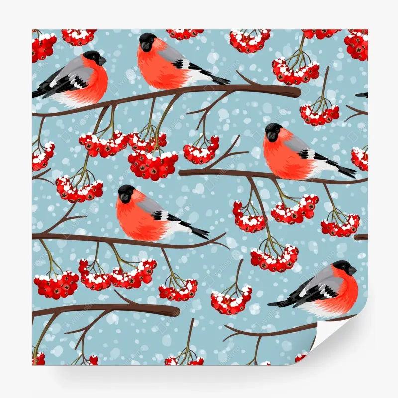 Fototapete winterliche gimpel und vogelbeeren - muster – Wallnifity®