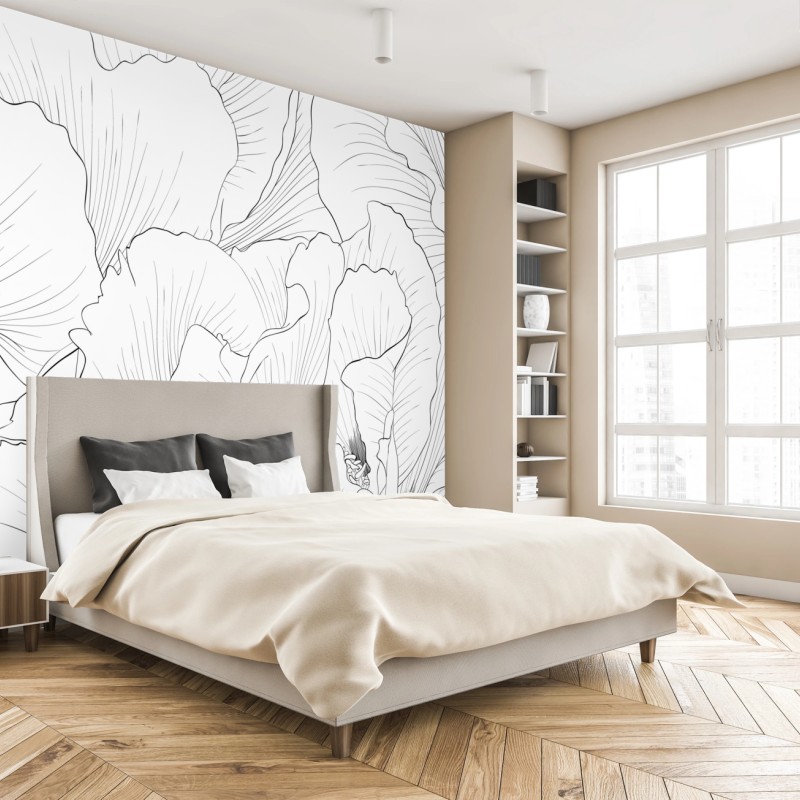 Fototapete feine botanische linienzeichnung mit blumen – Wallnifity®